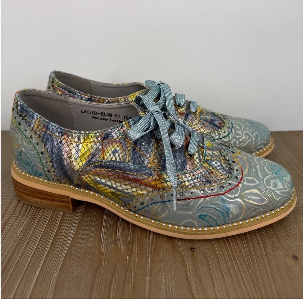 L'Artiste Spring Step Laciox-Blum Lacio Floral Leather Oxford Shoes Blue Sz 37